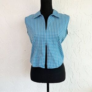 Vintage 90s Y2K Blue Plaid Double Zipper Sleeveless Collared Fitted Top Large